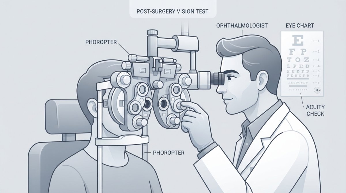 Close-up of an ophthalmologist using a phoropter to test patient vision clarity after cataract surgery, with eye chart visible in the background
