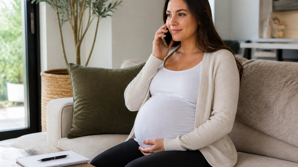 A pregnant woman sitting calmly in a living room, feeling reassured after discussing Botox while pregnant on the phone.