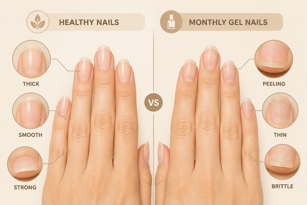 Diagram comparing healthy nails versus damage caused by getting gel manicures every month showing peeling and thinning.