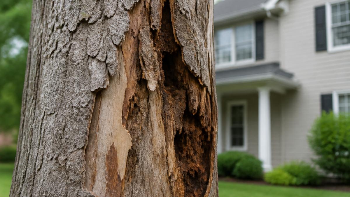 Close-up of dead tree trunk showing peeling bark, exposed wood grain, and visible decay damage with a residential house visible in blurred background