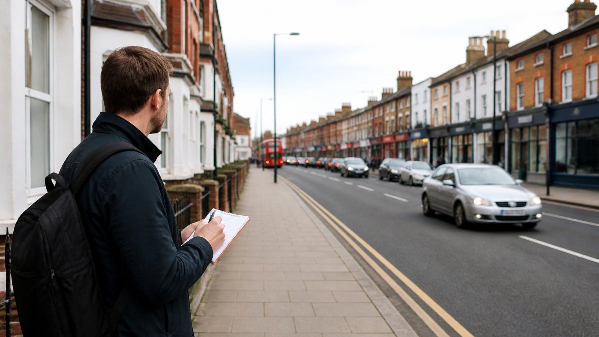 Person standing outside a terraced property on a busy high street during daytime, observing traffic and street activity, holding a notepad