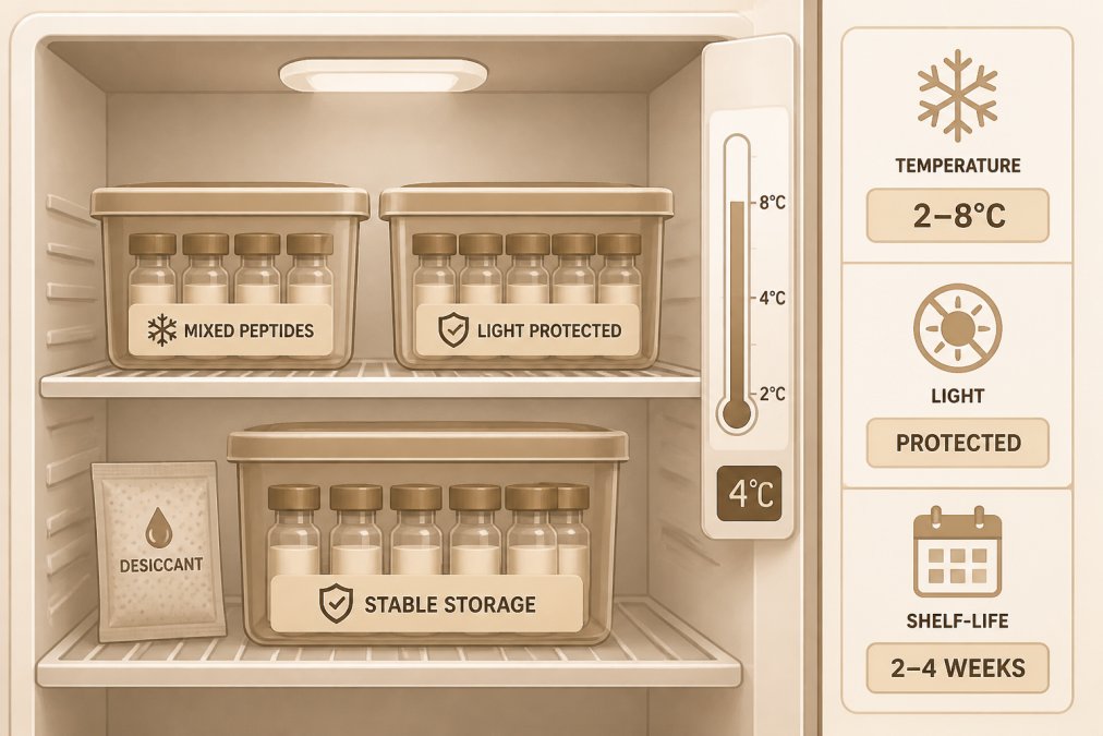 Refrigerator shelf with properly stored peptide vials in organized containers, showing cool dark environment with temperature gauge visible and vials protected from light