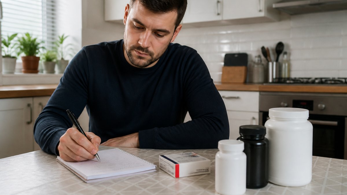 A person sitting at a kitchen table with a notepad, a few supplement tubs and a prescription box, writing a list before a GP appointment