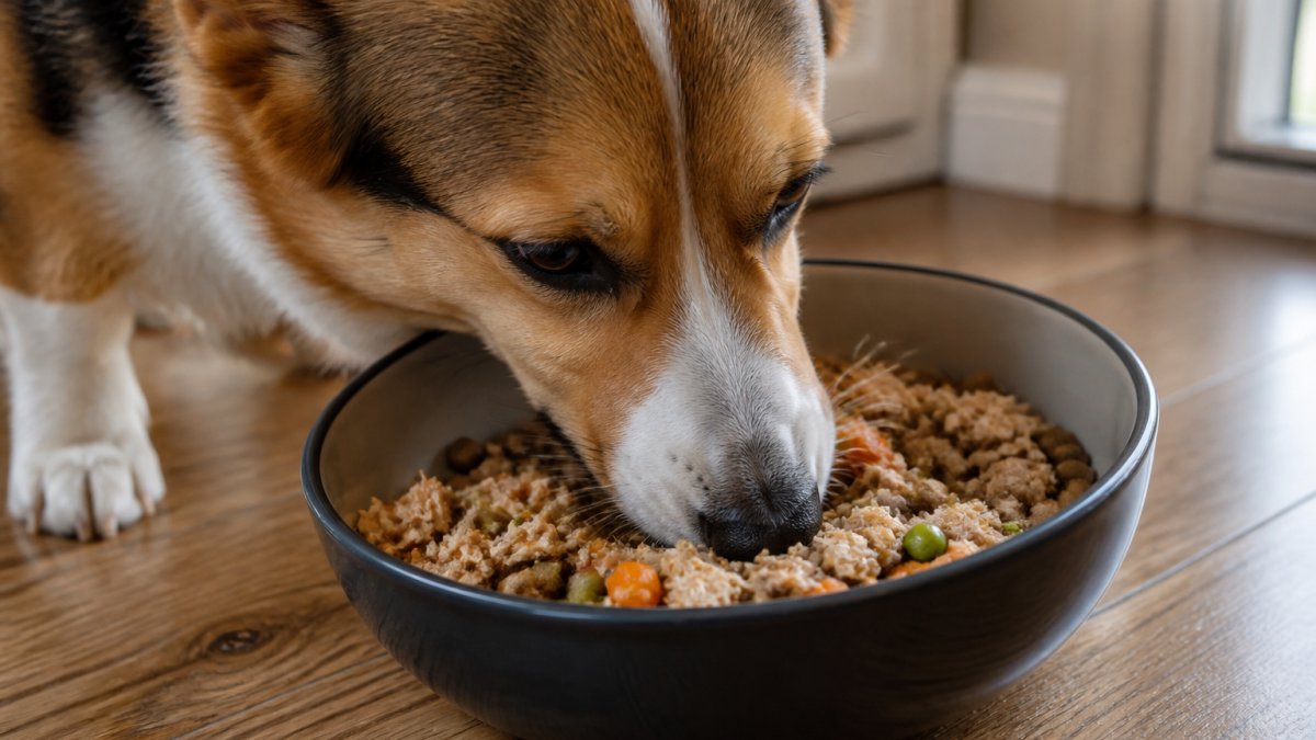 Step-by-step infographic showing how to mix nutritious food toppers with dry kibble for a balanced meal