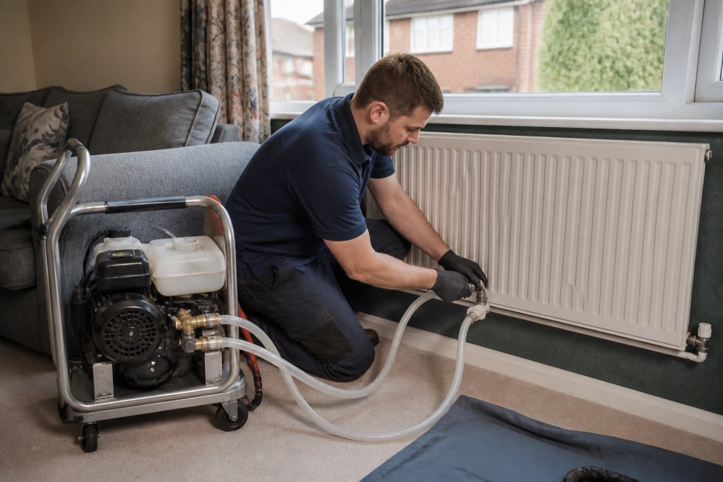 A heating engineer in uniform connecting a power flushing machine to a radiator valve in a typical British home, with hoses and a pump visible on the carpet, natural daylight through the window