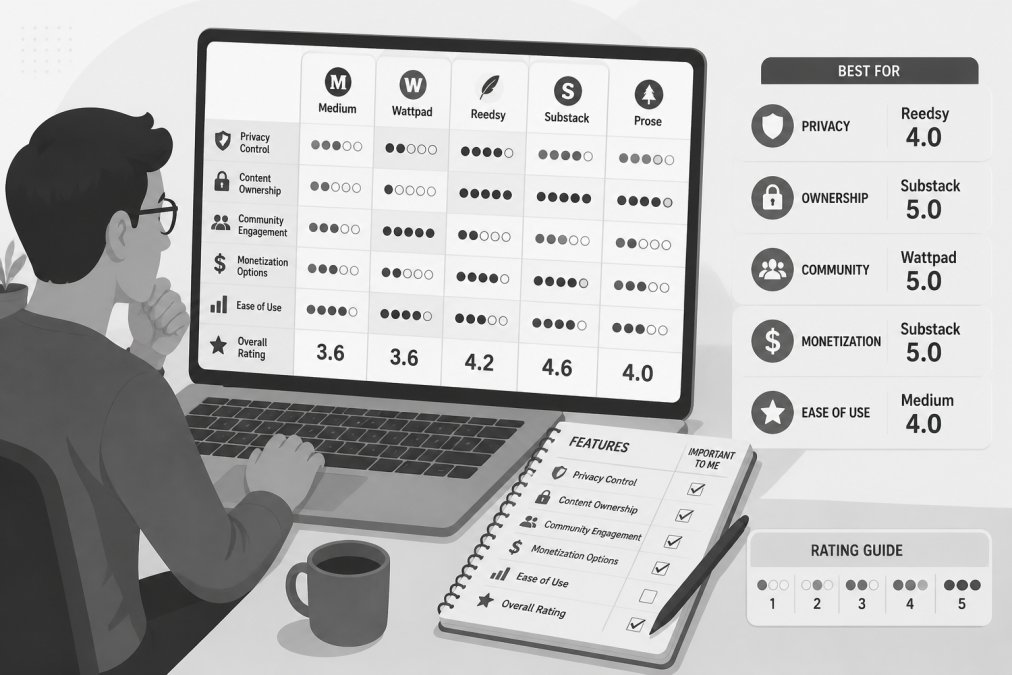 Person at laptop reviewing multiple writing platforms on screen, comparing interface options with notebook of platform features nearby