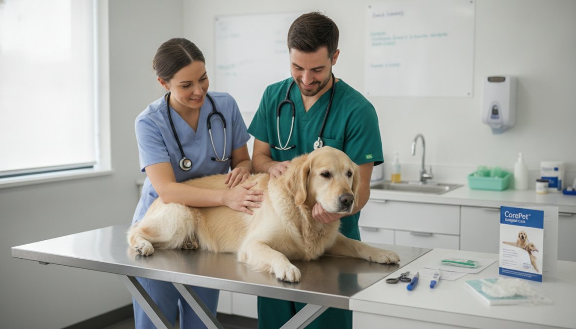 Veterinarian examining a female dog during a routine check-up in a modern clinical setting with bright overhead lighting