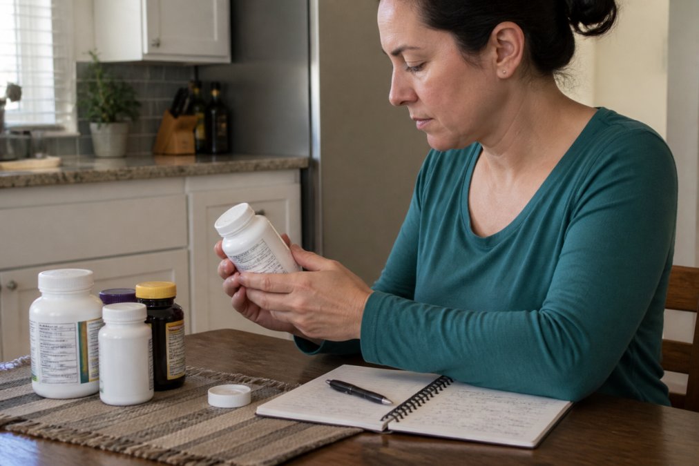 Person reviewing supplement bottles and reading labels at a kitchen table with a notebook tracking daily vitamin intake and dosages