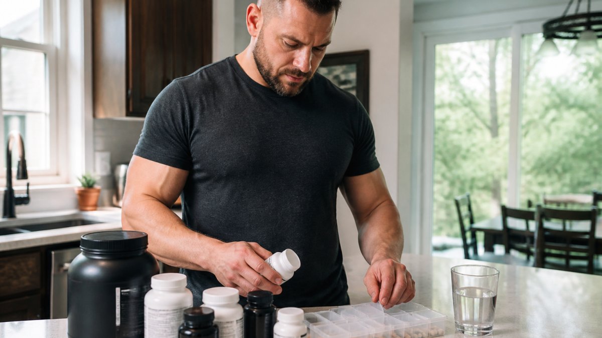 A fit man in his thirties at a kitchen counter organizing several supplement bottles and a weekly pill organizer next to a glass of water, morning light through the window