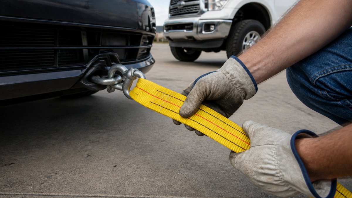 Close-up of a person in work gloves inspecting a heavy-duty tow strap hooked to a car's front tow point, with a second vehicle visible in the background on a paved lot
