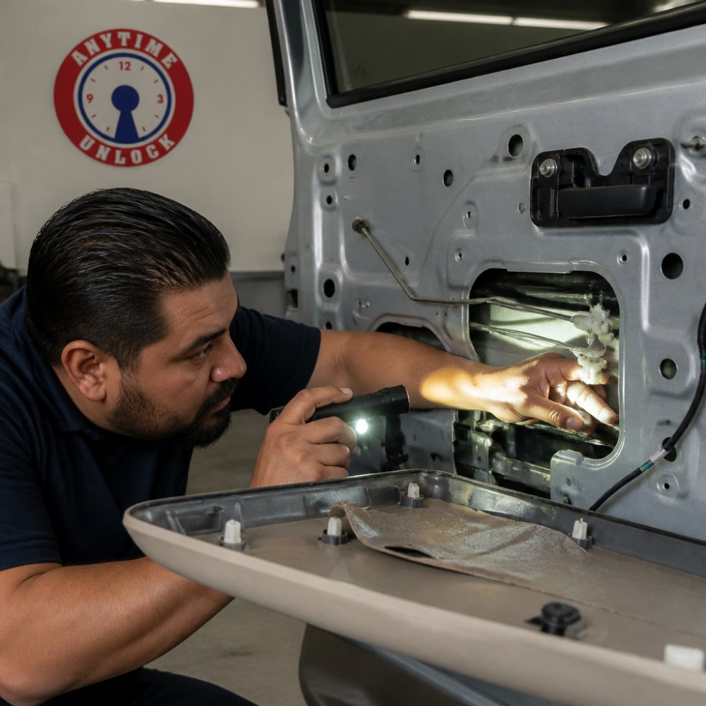 Locksmith inspecting car door linkages after a slim jim caused internal panel damage
