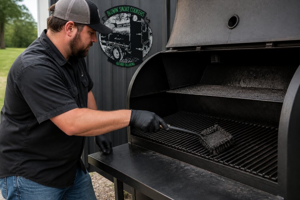 Step-by-step infographic showing the process of scrubbing carbon buildup from smoker grates with a wire brush