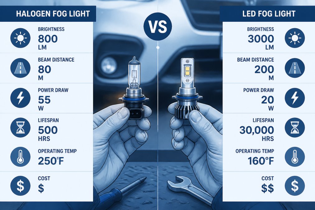 Close-up of a mechanic's hands comparing a halogen fog light bulb and an LED fog light bulb side by side on a workbench, with a vehicle partially visible in the background
