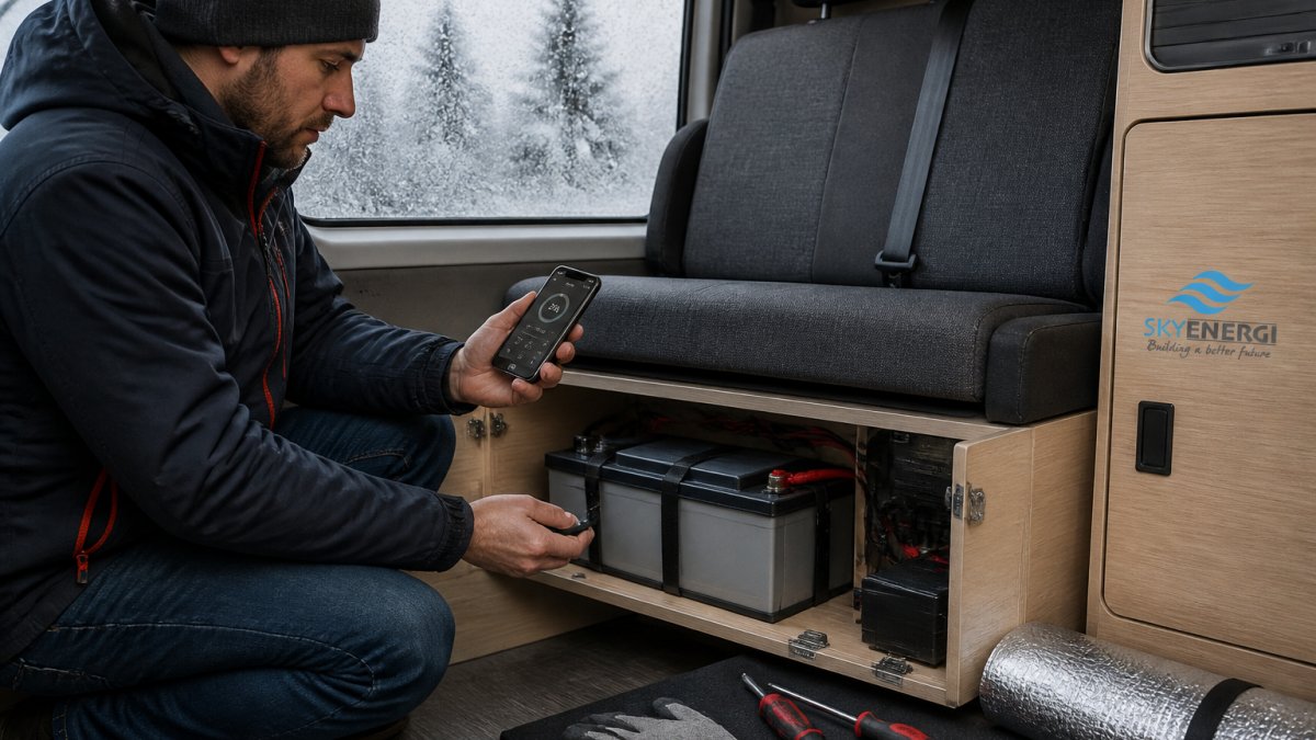 A campervan owner in winter clothing checking a lithium leisure battery installed in a campervan under-seat compartment, with frost visible on the van windows behind, using a smartphone to monitor battery temperature via an app