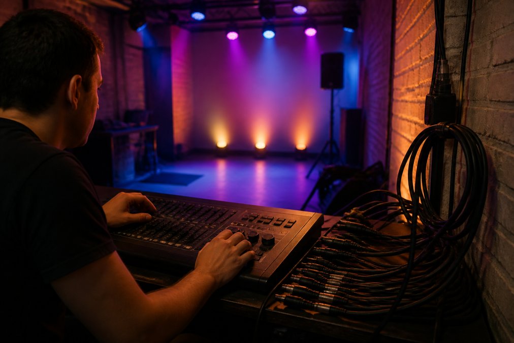 Lighting technician adjusting a DMX console with Govee smart lights live in the background of a small venue