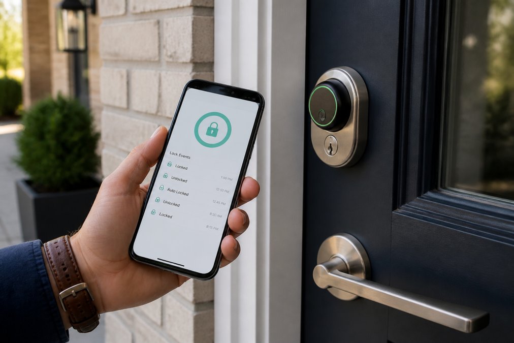 Homeowner's hand using smartphone to unlock a modern smart deadbolt on a front door, with app interface visible on screen in afternoon natural light