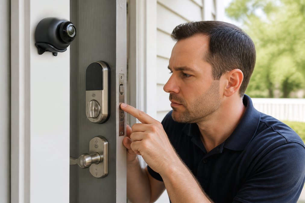 Professional installer examining door frame and strike plate alignment before installing a smart deadbolt, checking hardware fit and frame integrity in natural daylight