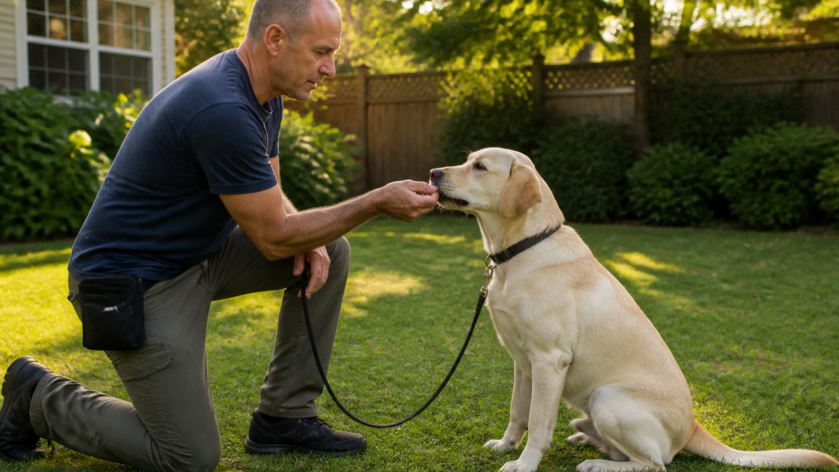 Trainer kneeling on a lawn giving a treat to a focused Labrador, proving it is never too late for training.