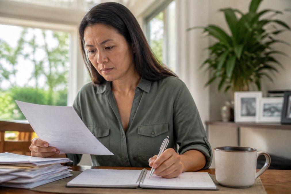 A person reviewing legal documents with a calendar and pen, looking concerned but focused, in a home office setting with natural light