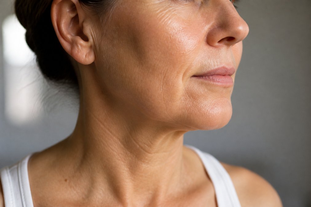 Close-up of a woman's face and neck showing skin texture and natural aging, with soft natural lighting highlighting skin elasticity and fine lines