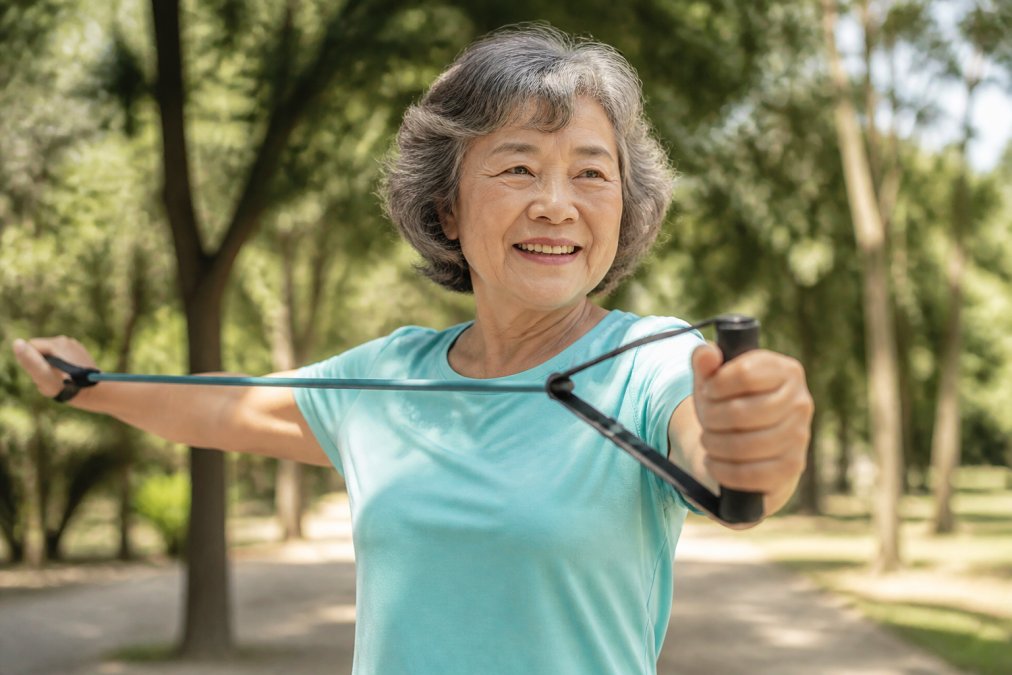 Active older adult in their 60s or 70s exercising outdoors or doing mobility work, showing strength and vitality with natural sunlight