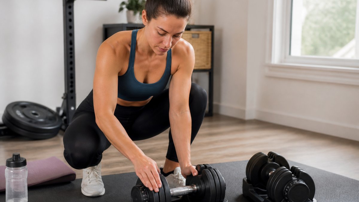 A person adjusting the weight dial on a pair of adjustable dumbbells in a small home gym corner with a yoga mat and water bottle nearby