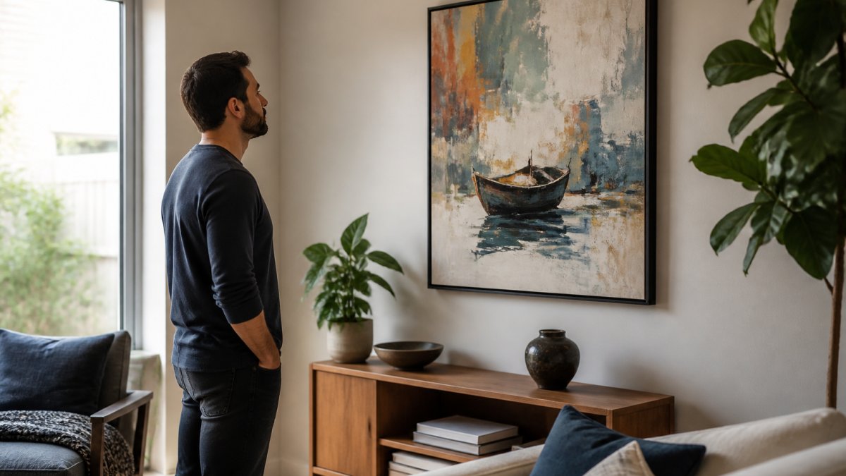 Art collector examining a framed original painting on a living room wall with natural light from a window illuminating the artwork and showing its scale in a home setting