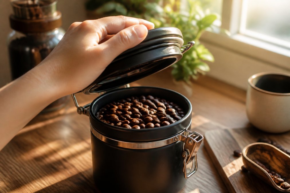 A hand opening an airtight container of whole coffee beans on a kitchen counter, with morning sunlight streaming through a nearby window, highlighting the glossy bean surface