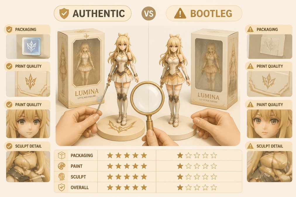 Collector's hands comparing two anime figures side by side on a white surface, examining packaging details, paint quality, and sculpting differences with a magnifying glass in natural daylight