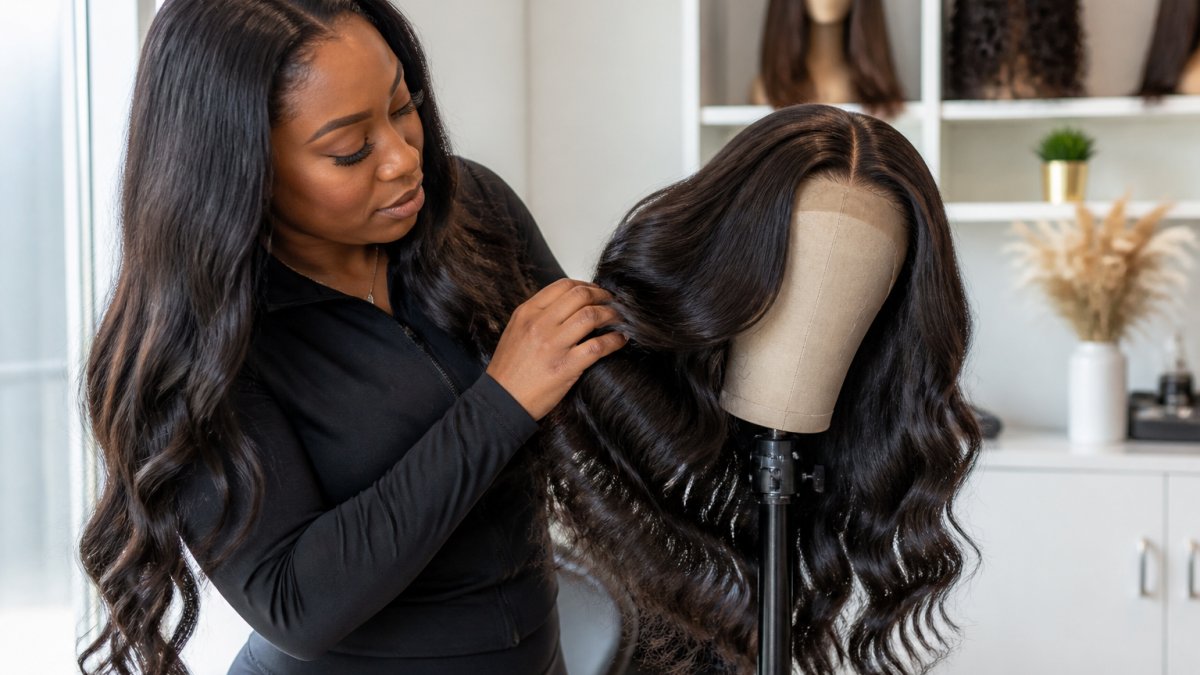 A woman running her fingers through a long body wave lace front wig on a styling stand, soft natural light in a bright salon setting