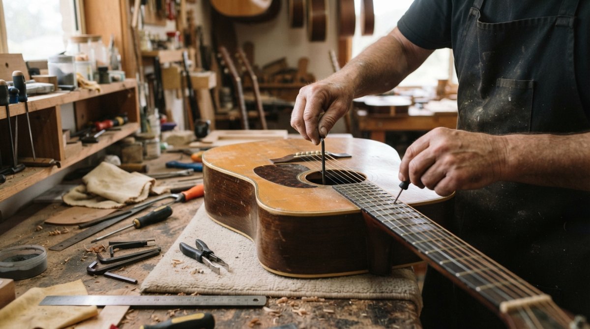 Close-up of a luthier's hands adjusting the truss rod and bridge on an acoustic guitar in a workshop, with tools nearby