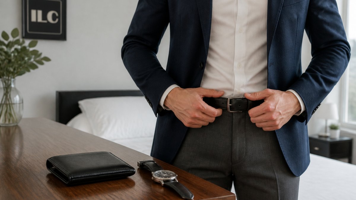 Man in a navy blazer fastening a black leather belt with a wallet and watch on a wooden dresser