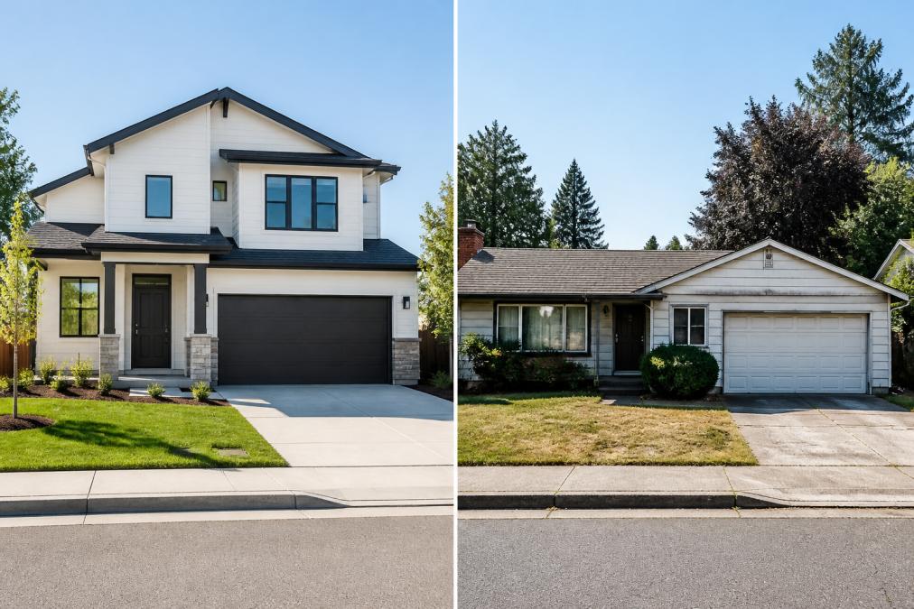 Modern new construction home exterior with clean architectural lines, fresh landscaping, bright sunlight illuminating contemporary design, and pristine condition