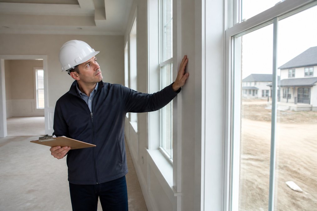 Professional home inspector examining structural elements, windows, and walls inside new construction home during detailed walkthrough inspection, clipboard in hand, focused examination