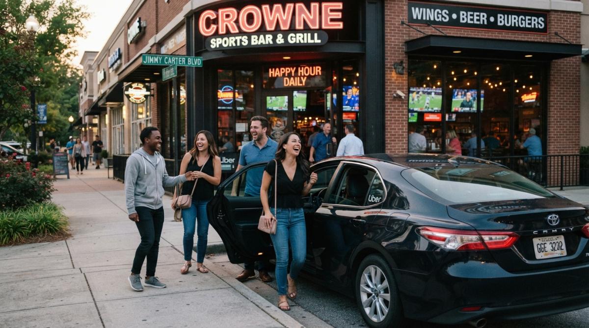 Group of friends arriving at a sports bar via rideshare, smiling and relaxed without the stress of driving