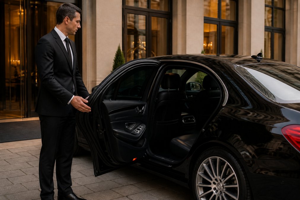 A professional chauffeur in a suit opens the door of a black luxury car service vehicle at a hotel entrance.