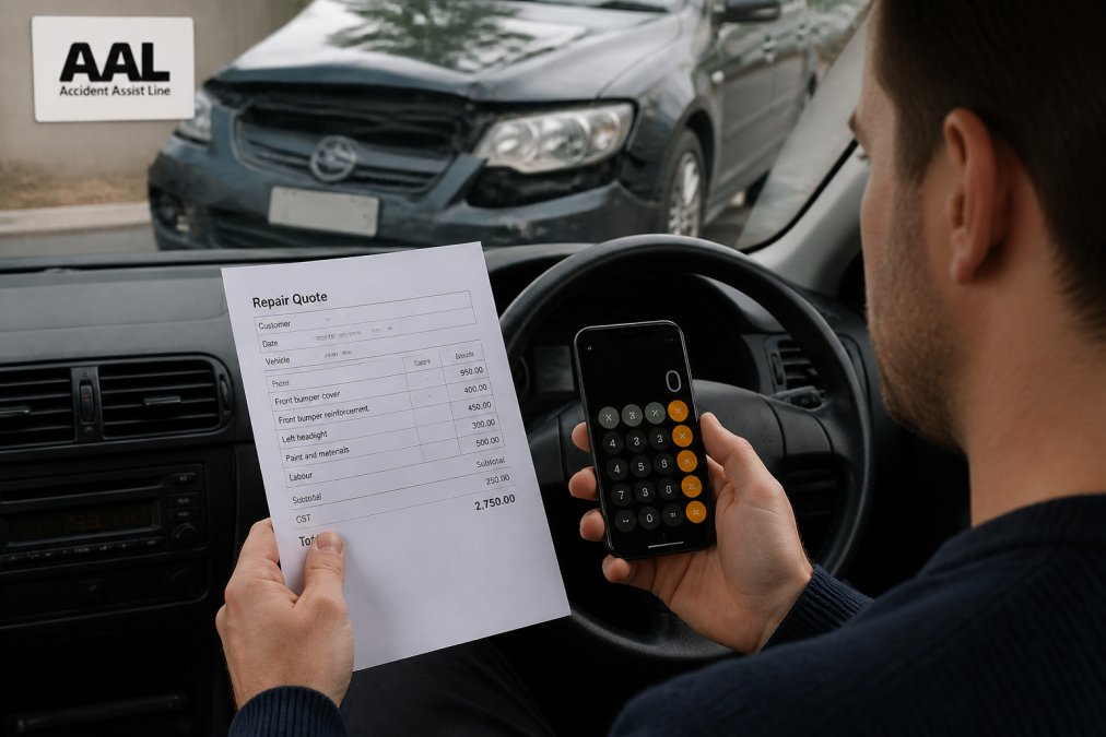 A driver sitting in the front seat of a parked car, holding a written repair quote and a smartphone showing a calculator app, with a dented front bumper visible through the windscreen