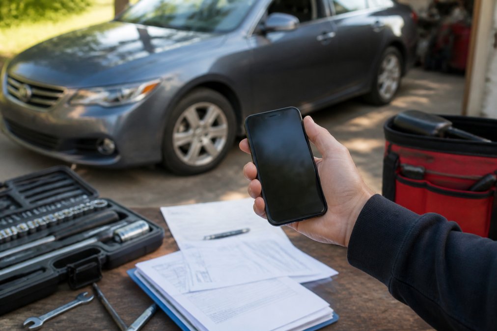 Person holding a smartphone displaying organized digital maintenance records and repair receipts, with a vehicle parked in the background in natural daylight