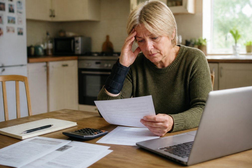 A person seated at a kitchen table reviewing claim paperwork beside a calculator and an open laptop, soft daylight through a window
