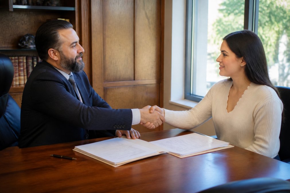 Professional attorney and client reviewing settlement documents together at wooden desk, shaking hands after reaching agreement, natural office lighting