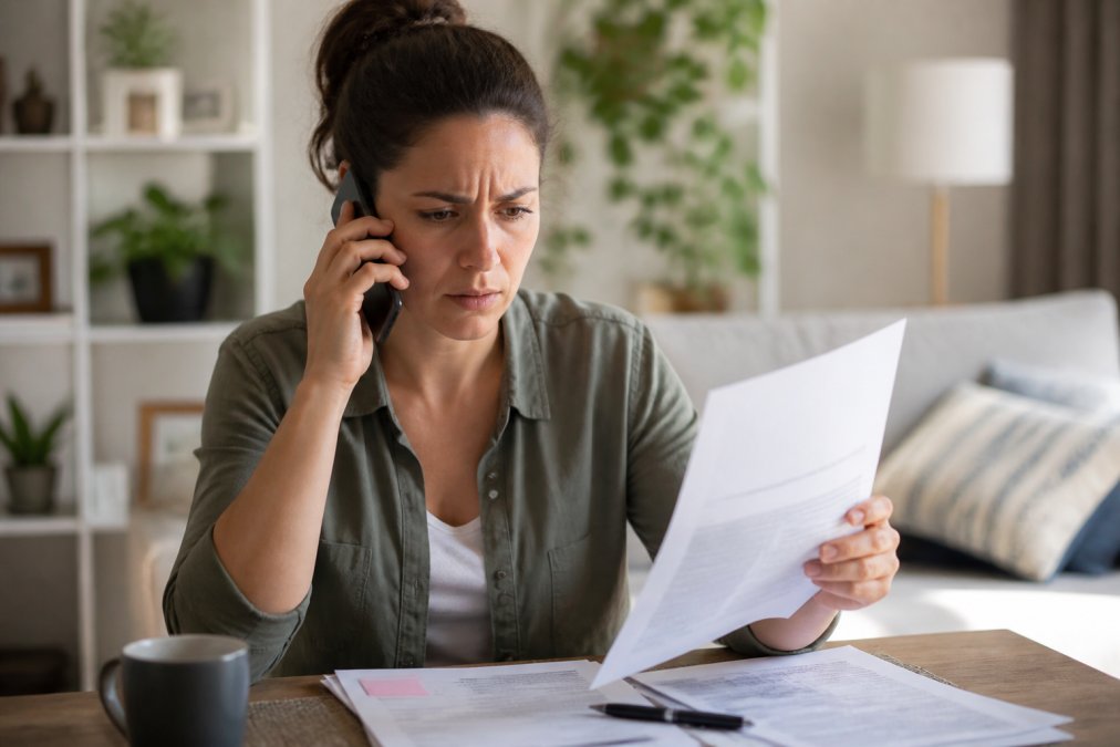 Frustrated individual on phone call holding rejection letter and settlement documents, sitting at home with concerned expression, natural indoor lighting