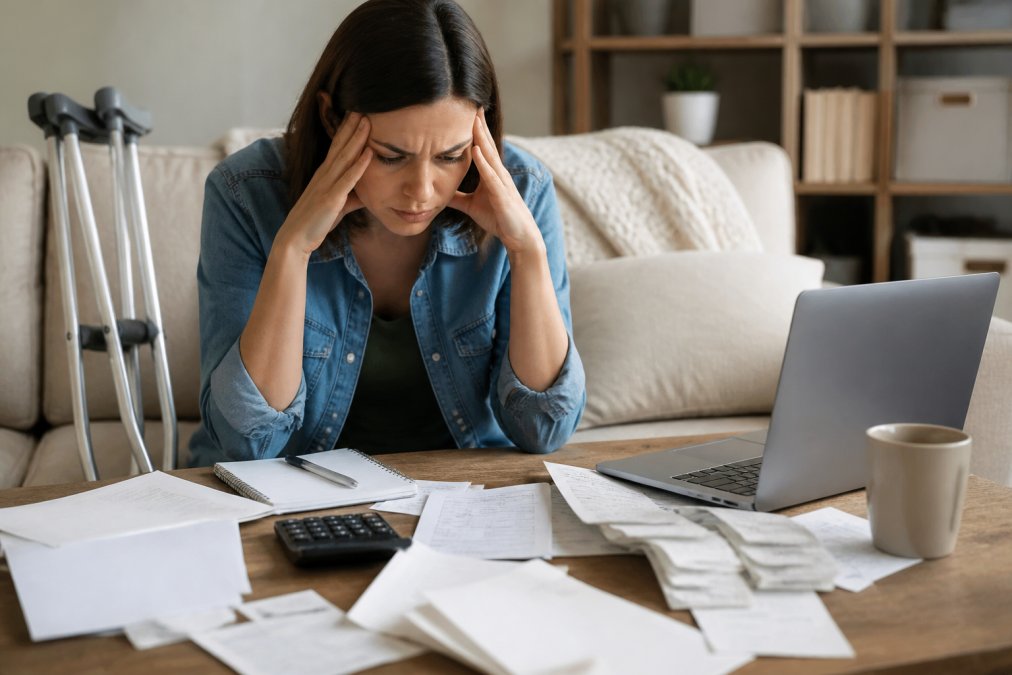 Injured person at home surrounded by medical bills, paperwork, and laptop, looking overwhelmed while managing claim details
