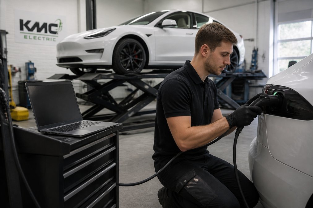 Technician using a diagnostic laptop to check electric car battery health before the warranty expires