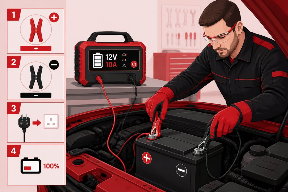 Professional mechanic connecting a red and black battery charger cable to a car battery in a garage, showing proper terminal attachment with the charger device visible in the background