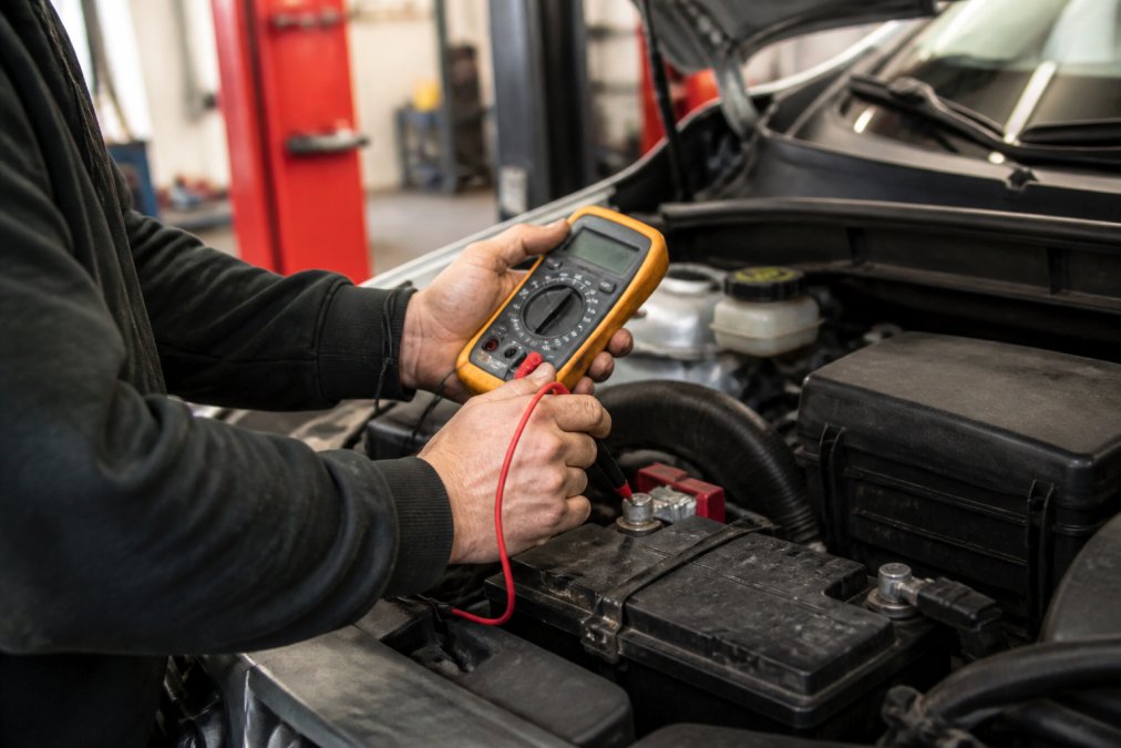Mechanic holding a digital multimeter with probes touching a car battery terminal, displaying the voltage reading on the screen, with the battery clearly visible in a workshop setting