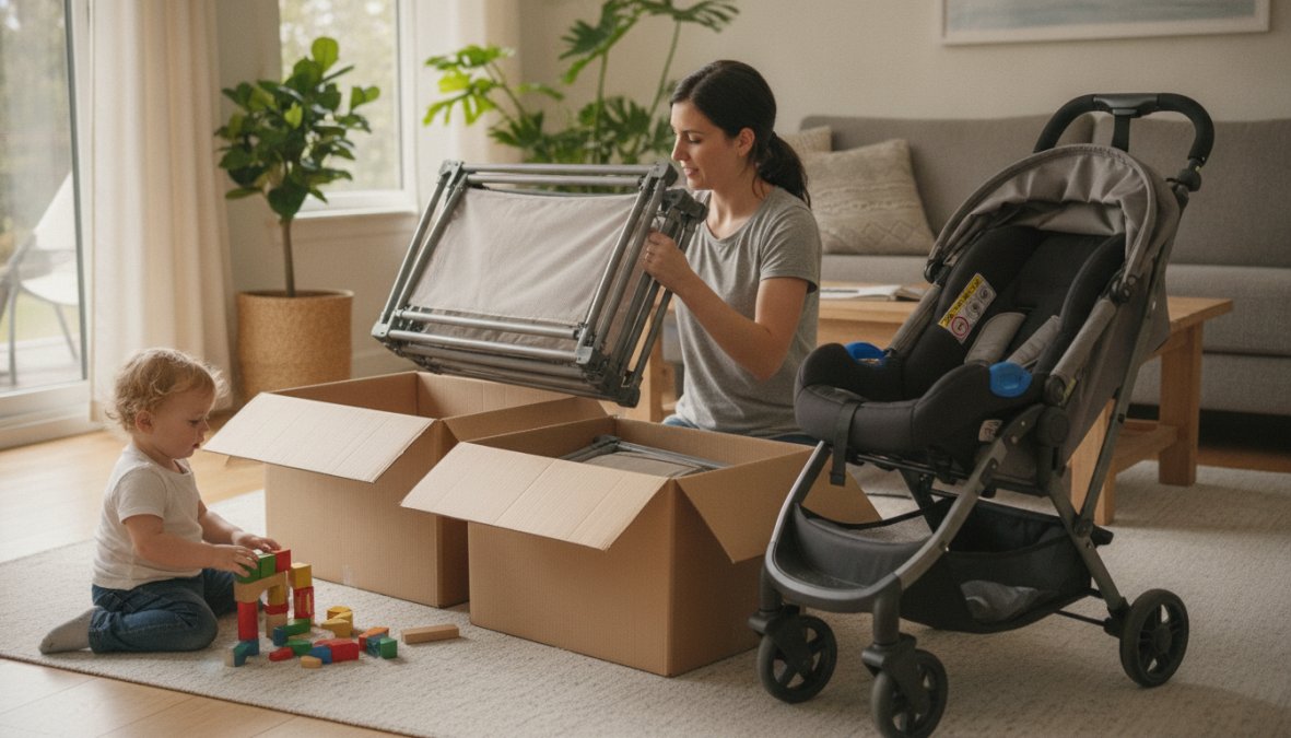 Professional illustration showing rental and parent and unpacking concepts for is it worth renting baby gear for vacation