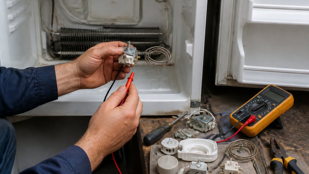 Technician using a multimeter to test a refrigerator thermostat with interior components exposed