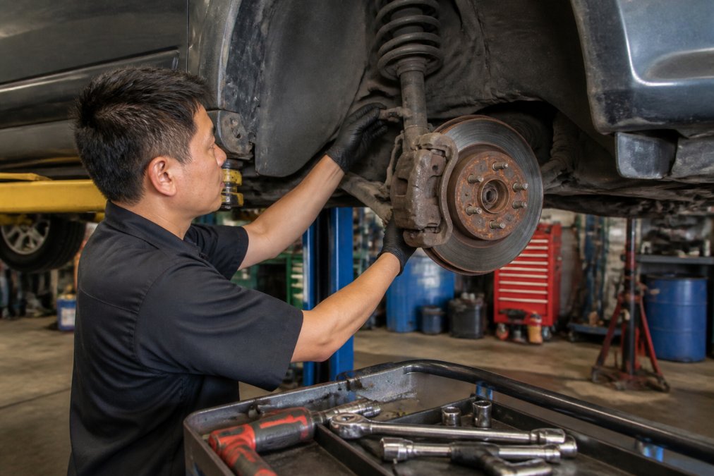 Professional technician inspecting worn suspension components and brake system on a high-mileage Toyota vehicle lifted in a repair shop bay, with diagnostic tools visible on the workbench