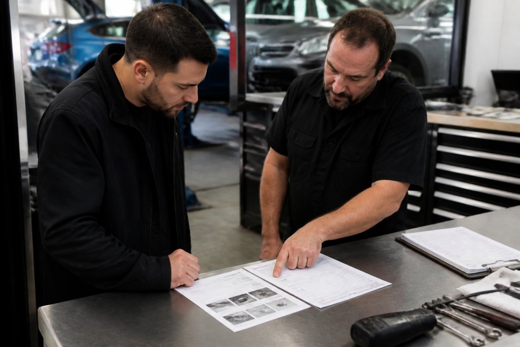 A customer and experienced technician reviewing a detailed repair estimate and vehicle condition report together at a workbench in a professional automotive repair shop office, with service documents and diagnostic tools visible