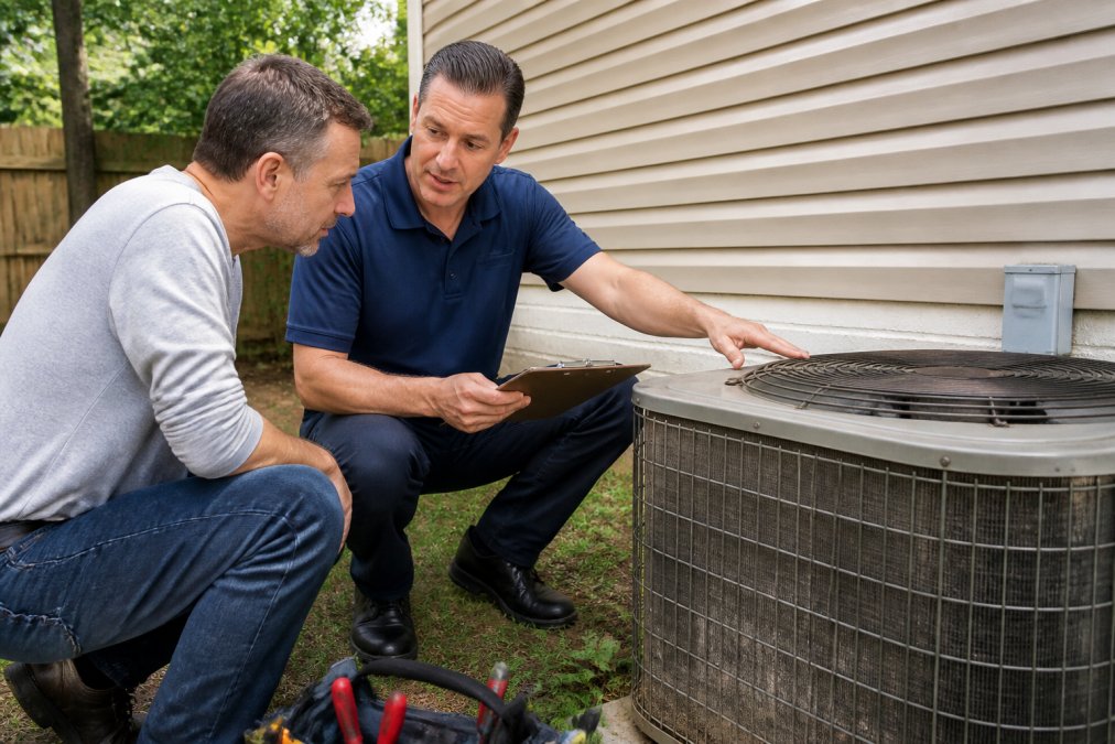 HVAC technician and homeowner discussing repairing an old air conditioner by an outdoor condenser unit